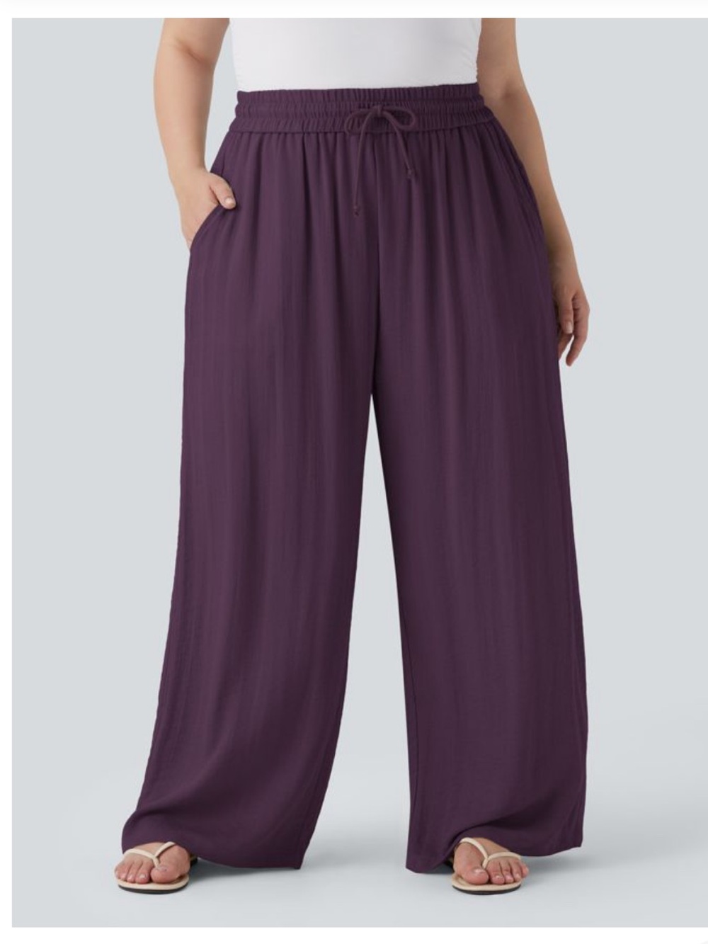 High Waisted Drawstring Linen-Feel Wide Leg Casual Plus Size Pants with Pockets